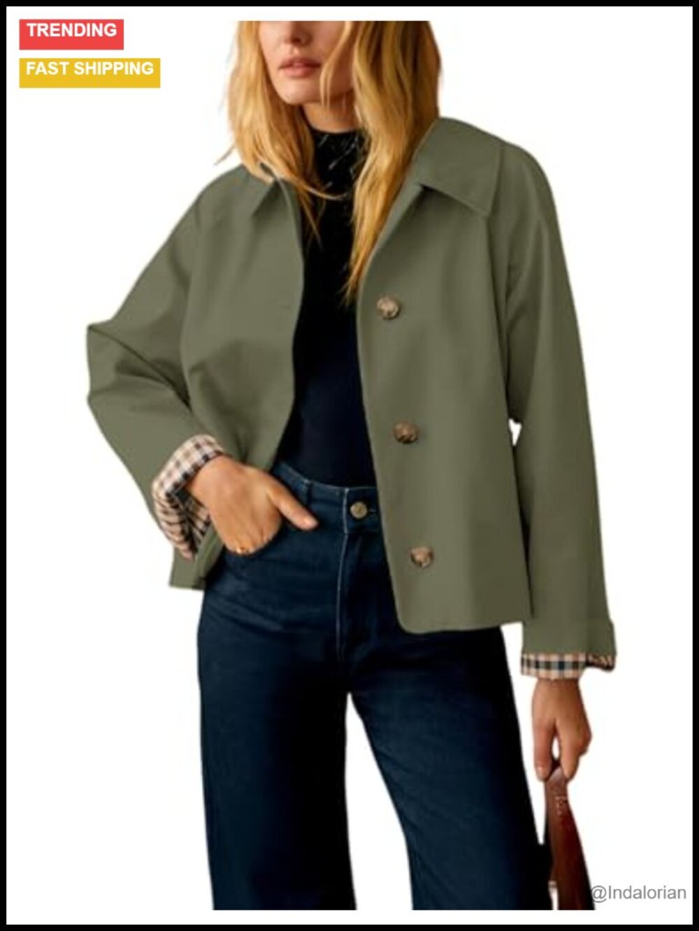 Oversize Trench Coat Plaid Lining Lapel Button Down Crop Jacket with Pockets